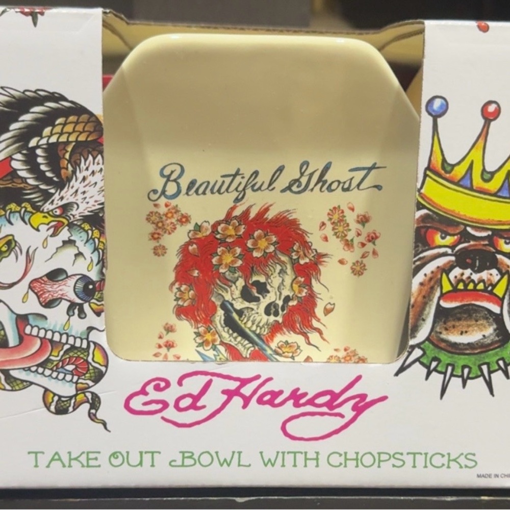Ed Hardy Skull and Floral Takeout Bowl with Chopsticks